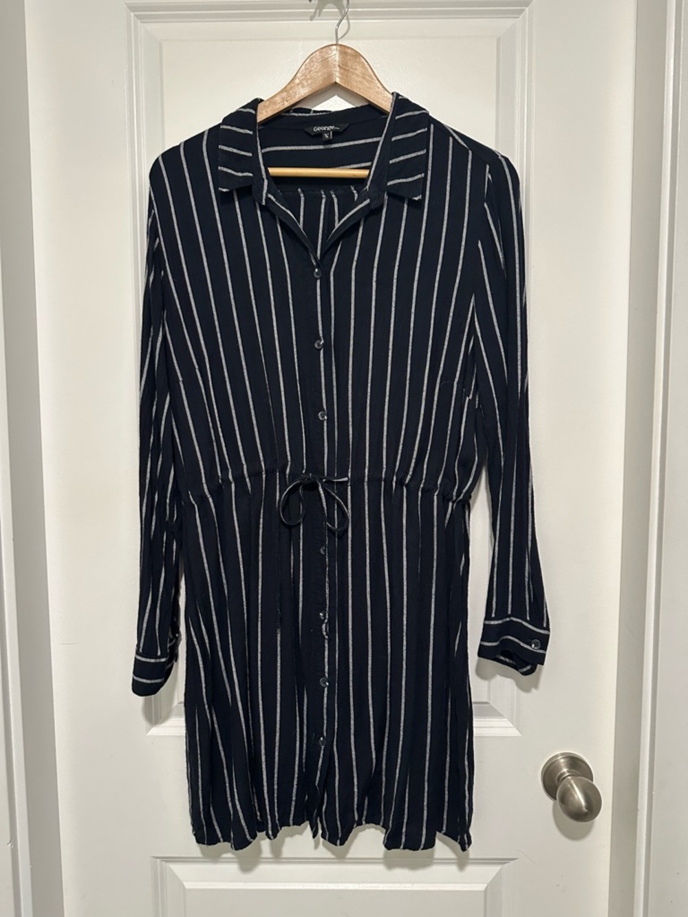 Navy and White Vertical Striped Button Down Shirt Dress Women’s Size XL